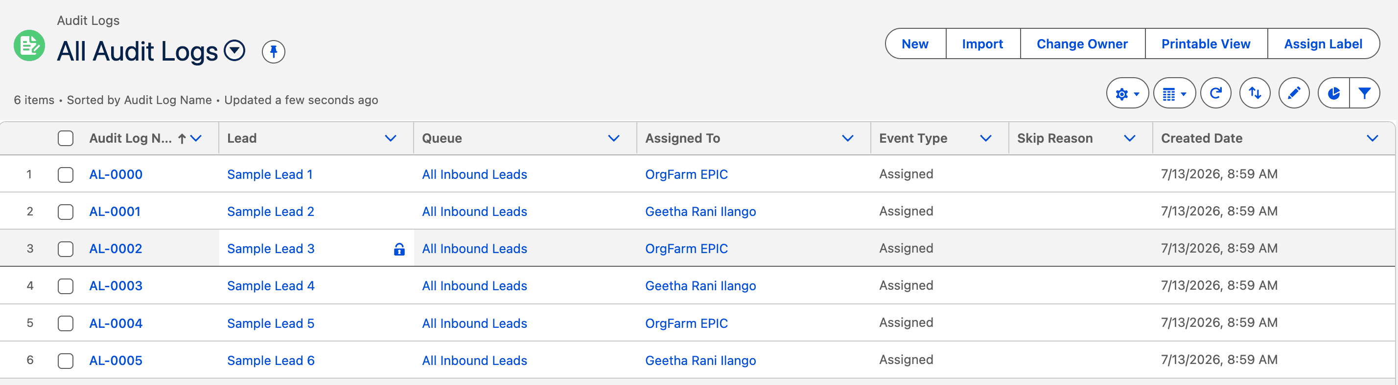 AssignMate audit log showing every lead assignment with rep, queue, and timestamp