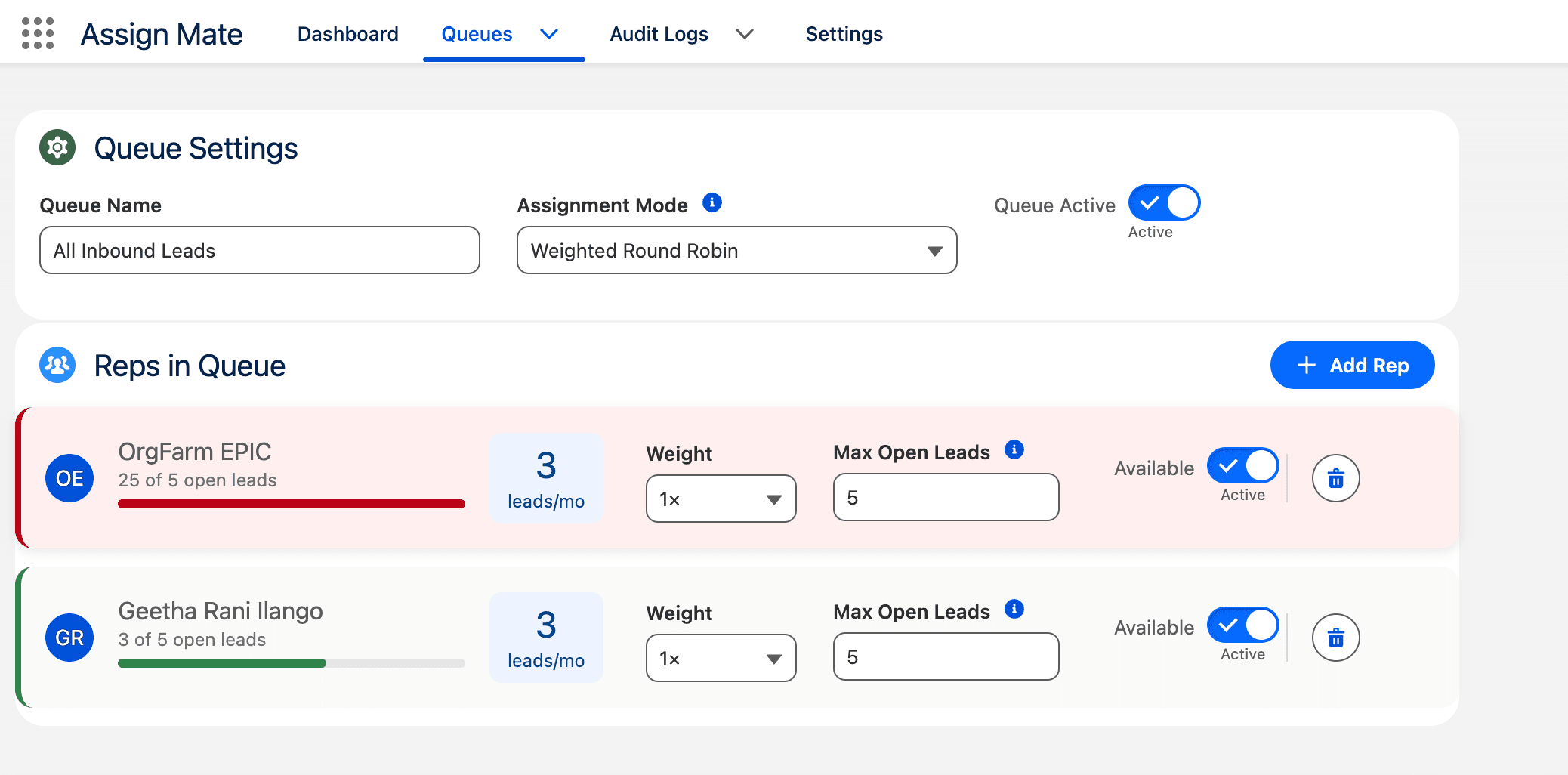 AssignMate queue settings with weighted round robin and per-rep capacity controls