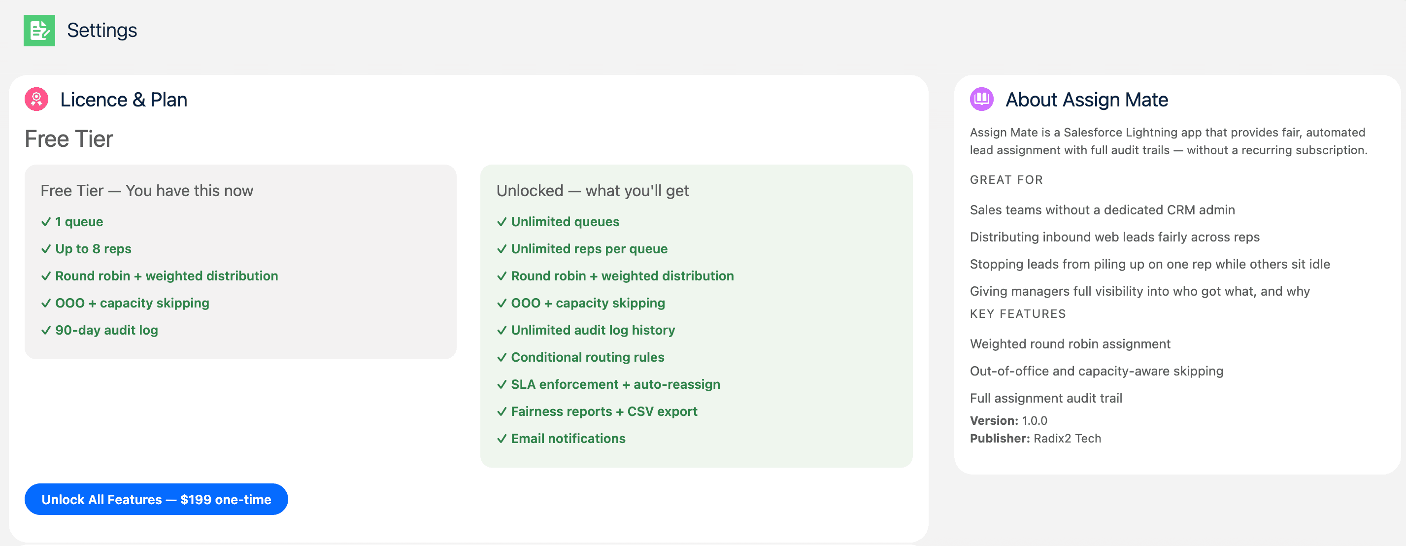 AssignMate licence and plan settings showing free tier and unlocked features